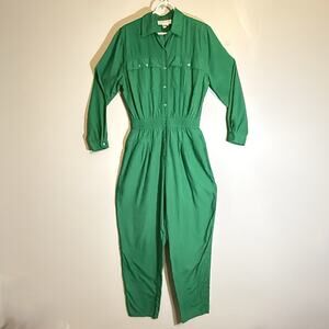 Vintage 90s Kelly Green Rayon Jumpsuit L Ireland Button Front St Patrick